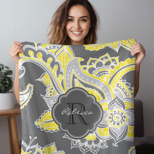 Grau und Gelb Boho Paisley Mit Monogramm Fleecedecke