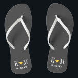 Grau und gelb Moderne Hochzeitmonogramm Badesandalen<br><div class="desc">Maßgeschneiderte gedreht Flop-Sandalen personalisiert mit einem niedlichen Herz und Ihre Monogramm-Initialen und Hochzeitstermin. Klicken Sie auf Anpassen,  um Schriftart und Farben zu ändern oder eigene Bilder hinzuzufügen,  um ein einzigartiges Design zu erstellen!</div>
