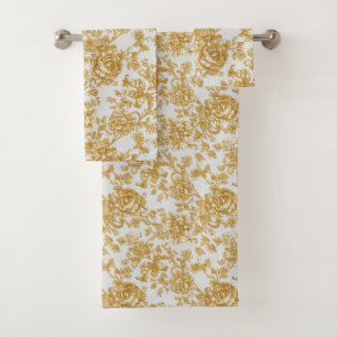 Grau- und Gold-blumiger Damast-Pfingstrose Badhandtuch Set