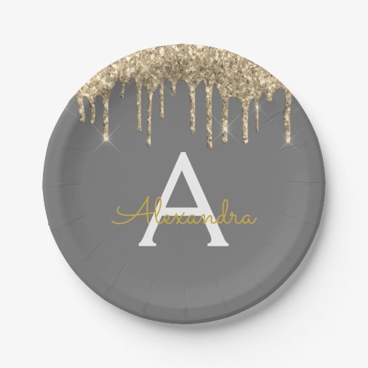 Grau und Gold Glitzer Monogram Birthday Pappteller (Vorderseite)