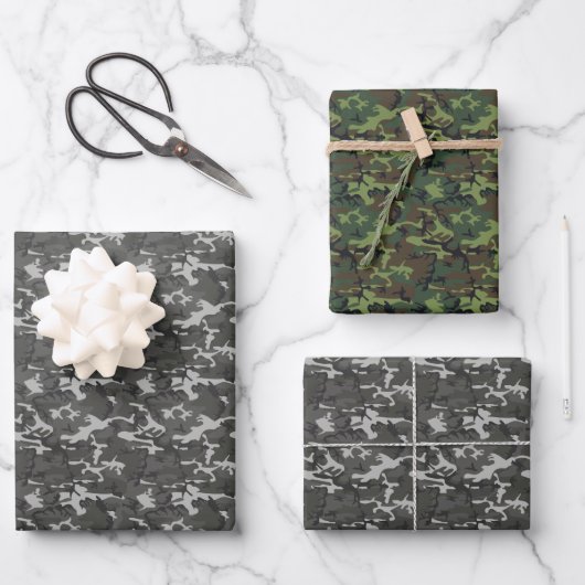 Grau und Grüne Camouflage Geschenkpapier Set (Vorderseite)