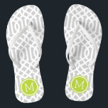 Grau und grüne Trellis Monogram Badesandalen<br><div class="desc">Maßgeschneiderte,  bedruckte Flop-Sandalen mit einem stilvollen,  modernen Trellis-Muster und einem eigenen Monogramm oder einem anderen Text in einem Kreisrahmen. Klicken Sie auf Anpassen,  um Schriftart und Farben zu ändern oder eigene Bilder hinzuzufügen,  um ein einzigartiges Design zu erstellen!</div>