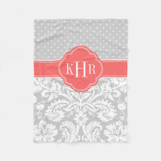 Grau und Korallen Damask Polka Dots Monogram Fleecedecke (Vorderseite)