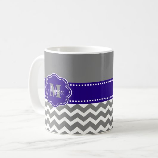 Grau-und Marine-Blau-Zickzack personalisierte Kaffeetasse (Vorderseite Links)