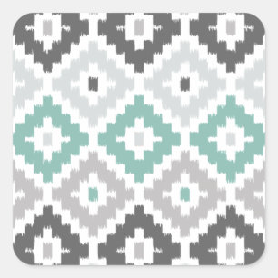 Grau und mintfarbener tribaler Druck Ikat Diamantm Quadratischer Aufkleber