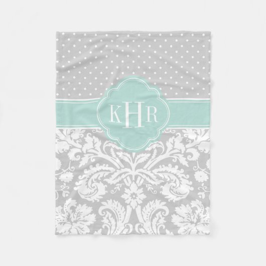 Grau und Minze Damask Polka Dots Monogramm Fleecedecke (Vorderseite)