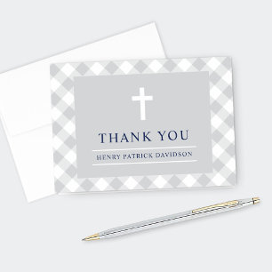 Grau und Navy Gingham Karo Jungen Erstkommunion Dankeskarte