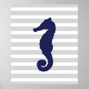 Grau und Navy Striped Nautical Seepferd Poster