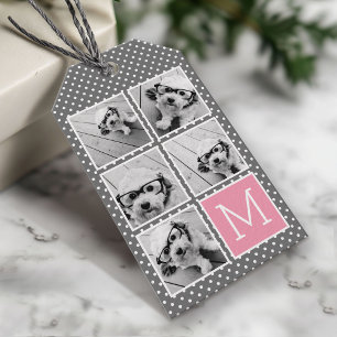 Grau und Rosa 5-Foto-Collage mit Monogramm Geschenkanhänger