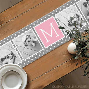 Grau- und Rosa-5-Foto-Collage mit Monogramm Kurzer Tischläufer
