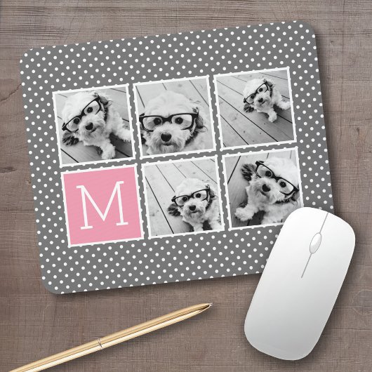 Grau und Rosa 5-Foto-Collage mit Monogramm Mousepad