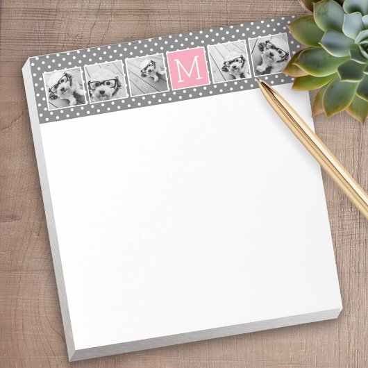 Grau und Rosa 5-Foto-Collage mit Monogramm Notizblock