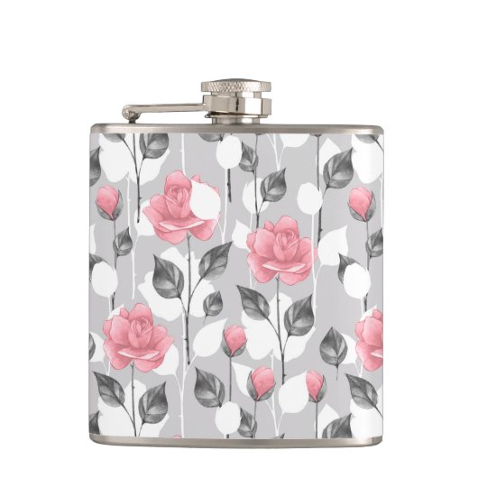 Grau und rosa. Blumenmuster Flachmann (Vorderseite)
