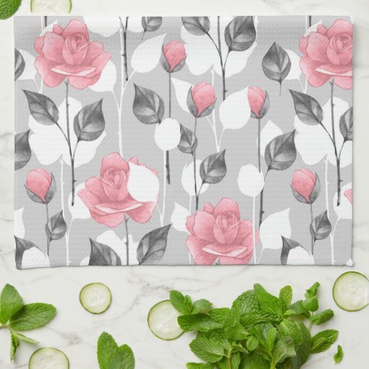 Grau und Rosa. Blumenmuster Geschirrtuch (Gefaltet)