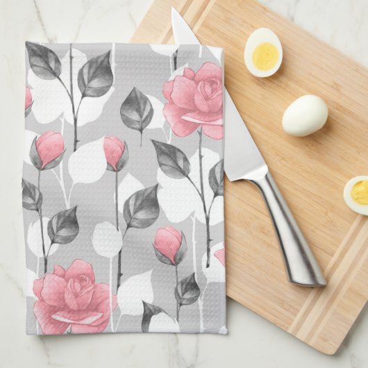 Grau und Rosa. Blumenmuster Geschirrtuch (Viertel Falte)