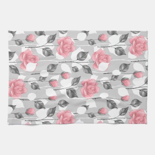 Grau und Rosa. Blumenmuster Geschirrtuch (Horizontal)