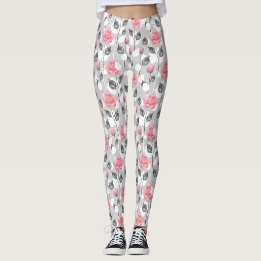 Grau und rosa. Blumenmuster Leggings (Vorderseite)