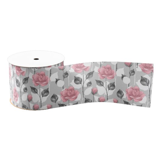 Grau und Rosa. Blumenmuster Ripsband (Spule)