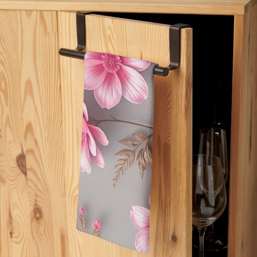 Grau und Rosa floral Geschirrtuch (Drittel gefaltet)