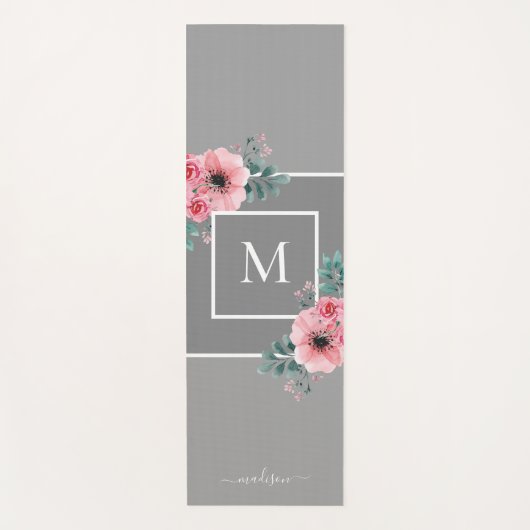 Grau und Rosa | Monogramm der Aquarellfarben-Blume Yogamatte (Vorderseite)
