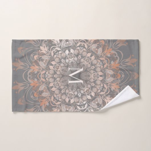Grau und Rose Gold | Mandala Monogram Badhandtuch Set (Handtuch)