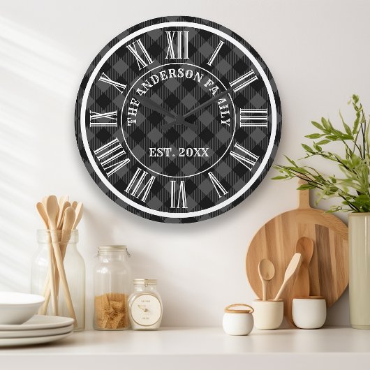 Grau und Schwarz Buffalo Karierte rustikale römisc Große Wanduhr
