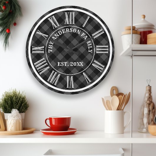 Grau und Schwarz Buffalo Karierte rustikale römisc Große Wanduhr