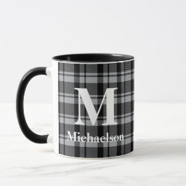 Grau und Schwarz Kariert mit Monogrammname Tasse