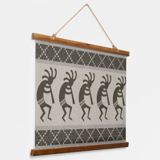 Grau und Schwarz Südwest Kokopelli Aztec Muster Wandteppich Mit Holzrahmen (Gewinkelt)