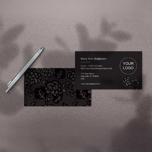 Grau und Schwarz Vibranu und feines Blumenmuster Visitenkarte