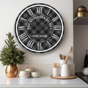 Grau und schwarzes Buffalo-Karo-Rustikales römisch Große Wanduhr