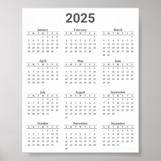 Grau und Weiß 2025 Jahr auf einen Blick Poster (Vorne)
