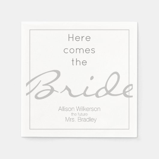 Grau und Weiß Brautparty Hier kommt die Braut Serviette (Vorderseite)