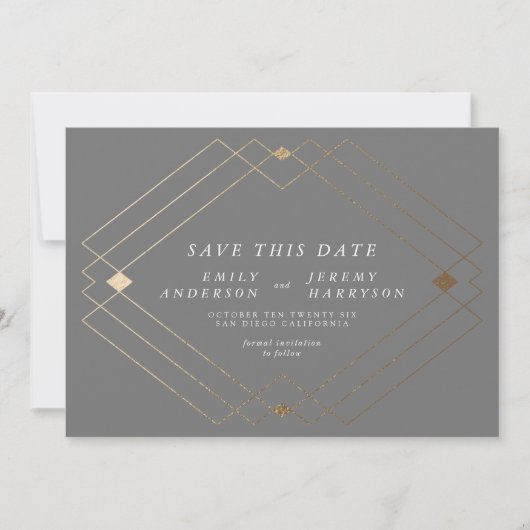 Grau und Weiß | Gold Deko Lines Save the Date Ankündigung (Vorderseite)