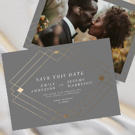 Grau und Weiß | Gold Deko Lines Save the Date Ankündigung