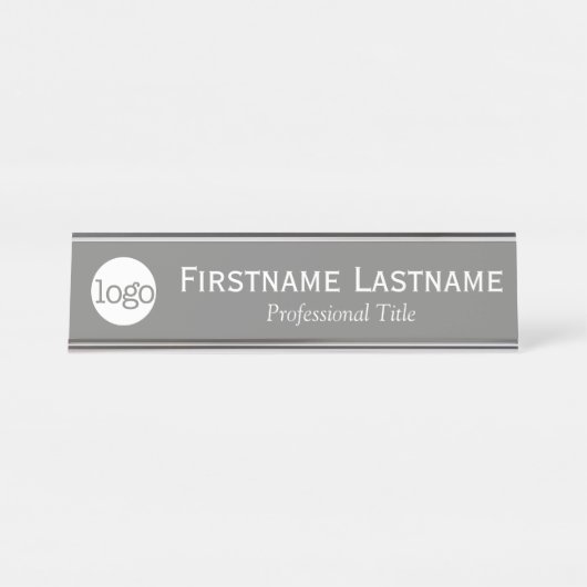 Grau und Weiß - Logo, Name, Beruflicher Titel Schreibtischnamensplakette (Vorderseite )