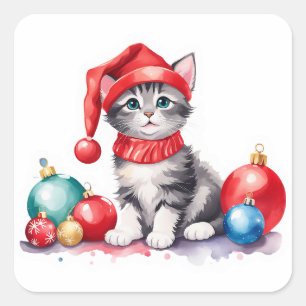 Grau und weiß Santa Kitten mit Balls Quadratischer Aufkleber