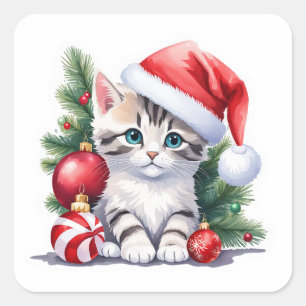 Grau und Weiß Tabby Santa Kitten Quadratischer Aufkleber