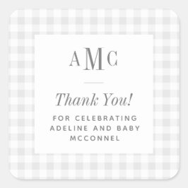Grau und White Gingham Monogram Vielen Dank Quadratischer Aufkleber
