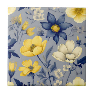 Grau vintage Botanisch mit gelben Blumen Fliese