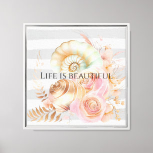 Grau Watercolor Beach Streifen Gold Muscheln Leinwanddruck