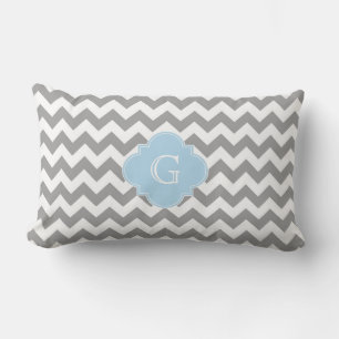 Grau Weiß Chevron Hellblau Vierpass Monogramm Lendenkissen