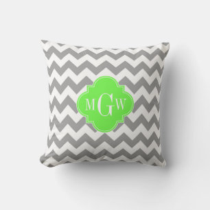 Grau Weiß Chevron Limette Vierpass 3 Monogramm Kissen