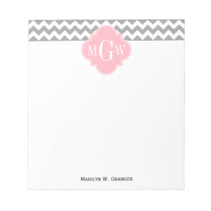 Grau Weiß Chevron Rosa Vierblatt 3 Monogramm Notizblock