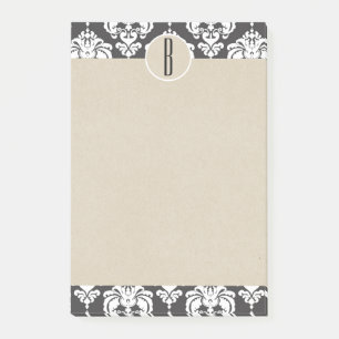 Grau Weiß Glam Damast Kraft Monogramm Initiale Post-it Klebezettel
