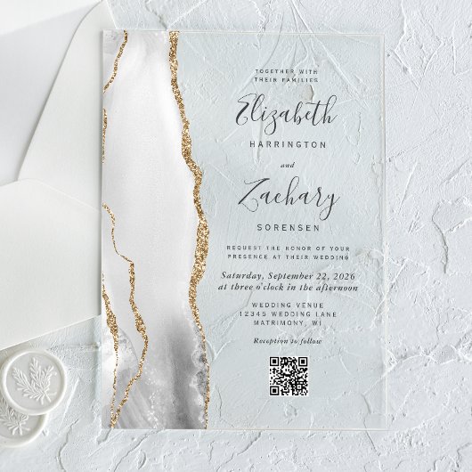 Grau Weiß Gold Achat QR Code Hochzeit Acryleinladungen
