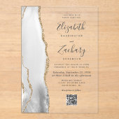 Grau Weiß Gold Achat QR Code Hochzeit Acryleinladungen (Vorderseite)