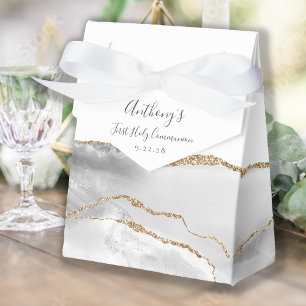 Grau Weiß Gold Achat Schrift Erstkommunion Geschenkschachtel