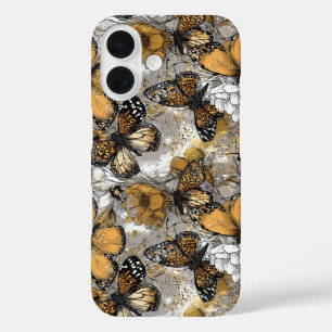 Grau Weiß Gold Florale Schmetterlinge Elegant iPhone 16 Hülle