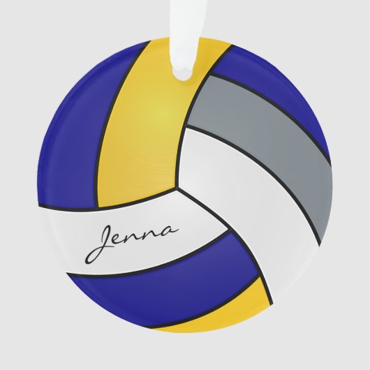 Grau, Weiß, Gold und Blauer Volleyball Ornament (Vorderseite)